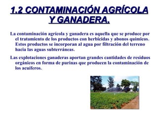 1.2 CONTAMINACIÓN AGRÍCOLA Y GANADERA. La contaminación agrícola y ganadera es aquella que se produce por el tratamiento de los productos con herbicidas y abonos químicos. Estos productos se incorporan al agua por filtración del terreno hacia las aguas subterráneas. Las explotaciones ganaderas aportan grandes cantidades de residuos orgánicos en forma de purinas que producen la contaminación de los acuíferos. 