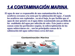 1.4 CONTAMINACIÓN MARINA  El agua de mar es responsable de una contaminación de los acuíferos cercanos a la costa por la salinización del agua , Cuando los acuíferos son explotados , su nivel baja, lo que facilita que el agua de mar penetre en el agua dulce ocasionando una perdida de las  cualidades del agua por adicción de sales. Esto junto a otras causas como las pertinentes sequías, la sobreexplotación de las aguas subterráneas etc... son las principales causas de la salinización del agua subterránea cerca del mar. 