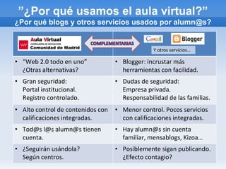 ”¿Por qué usamos el aula virtual?”
¿Por qué blogs y otros servicios usados por alumn@s?


                                                Y otros servicios…

• “Web 2.0 todo en uno”            • Blogger: incrustar más
  ¿Otras alternativas?               herramientas con facilidad.
• Gran seguridad:                  • Dudas de seguridad:
  Portal institucional.              Empresa privada.
  Registro controlado.               Responsabilidad de las familias.
• Alto control de contenidos con   • Menor control. Pocos servicios
  calificaciones integradas.         con calificaciones integradas.
• Tod@s l@s alumn@s tienen         • Hay alumn@s sin cuenta
  cuenta.                            familiar, mensablogs, Kizoa…
• ¿Seguirán usándola?              • Posiblemente sigan publicando.
  Según centros.                     ¿Efecto contagio?
 