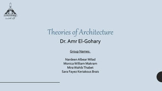 Dr. Amr El-Gohary
Group Names:
NardeenAlbear Milad
MonicaWilliam Makram
MiraWahibThabet
Sara Fayez Keriakous Brais
 