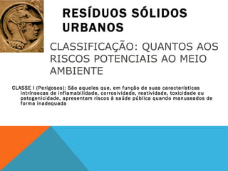 RESÍDUOS SÓLIDOS URBANOS CLASSE I (Perigosos): São aqueles que, em função de suas características intrínsecas de inflamabilidade, corrosividade, reatividade, toxicidade ou patogenicidade, apresentam riscos à saúde pública quando manuseados de forma inadequada CLASSIFICAÇÃO: QUANTOS AOS RISCOS POTENCIAIS AO MEIO AMBIENTE 