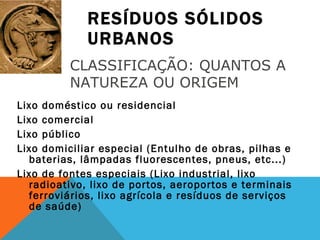 RESÍDUOS SÓLIDOS URBANOS Lixo doméstico ou residencial Lixo comercial Lixo público Lixo domiciliar especial (Entulho de obras, pilhas e baterias, lâmpadas fluorescentes, pneus, etc...) Lixo de fontes especiais (Lixo industrial, lixo radioativo, lixo de portos, aeroportos e terminais ferroviários, lixo agrícola e resíduos de serviços de saúde) CLASSIFICAÇÃO: QUANTOS A NATUREZA OU ORIGEM 