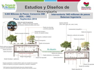 Estudios y Diseños de 
Ingeniería 9.800 Millones de Pesos: Consorcio DIM 
(EDL – DIS) 
Plazo: Septiembre 2014 
Interventoría: 945 millones de pesos 
Bateman Ingeniería 
 
