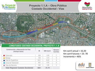 Proyecto 1.1.A – Obra Pública 
Costado Occidental - Vías 
Km carril actual = 16.20 
Km carril futuros = 23. 78 
Incremento = 46% 
 