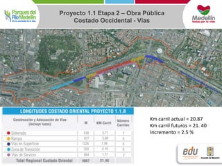 Proyecto 1.1 Etapa 2 – Obra Pública 
Costado Occidental - Vías 
Km carril actual = 20.87 
Km carril futuros = 21. 40 
Incremento = 2.5 % 
 