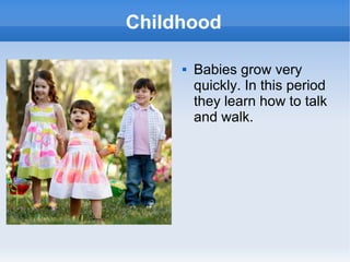 Childhood
 Babies grow very
quickly. In this period
they learn how to talk
and walk.
 