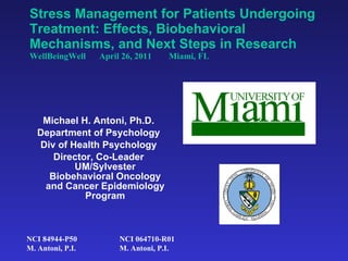 Stress Management for Patients Undergoing Treatment: Effects, Biobehavioral Mechanisms, and Next Steps in Research  WellBeingWell April 26, 2011 Miami, FL ,[object Object],[object Object],[object Object],[object Object],NCI 84944-P50  M. Antoni, P.I. NCI 064710-R01  M. Antoni, P.I. 