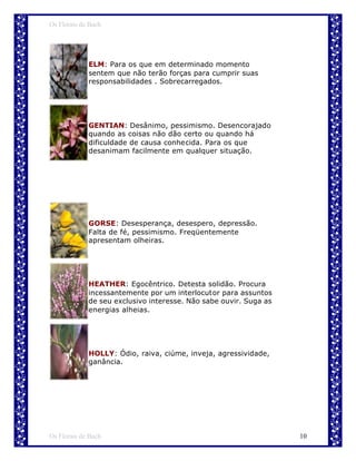 Os Florais de Bach




             ELM: Para os que em determinado momento
             sentem que não terão forças para cumprir suas
             responsabilidades . Sobrecarregados.




             GENTIAN: Desânimo, pessimismo. Desencorajado
             quando as coisas não dão certo ou quando há
             dificuldade de causa conhecida. Para os que
             desanimam facilmente em qualquer situação.




             GORSE: Desesperança, desespero, depressão.
             Falta de fé, pessimismo. Freqüentemente
             apresentam olheiras.




             HEATHER: Egocêntrico. Detesta solidão. Procura
             incessantemente por um interlocutor para assuntos
             de seu exclusivo interesse. Não sabe ouvir. Suga as
             energias alheias.




             HOLLY: Ódio, raiva, ciúme, inveja, agressividade,
             ganância.




Os Florais de Bach                                                 10
 