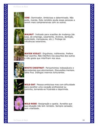 Os Florais de Bach




             VINE: Dominador. Ambicioso e determinado. Não
             pede, manda. Este remédio ajuda essas pessoas a
             serem mais compreensivas com os outros.




             WALNUT: Indicado para ocasiões de mudança (de
             casa, de emprego, casamento, divórcio, dentição,
             puberdade, menopausa, etc.). Protege de
             influências exteriores.




             WATER VIOLET: Orgulhoso, indiferente. Prefere
             ficar sozinho. Não interfere nos assuntos dos outros
             e não gosta que interfiram nos seus.




             WHITE CHESTNUT: Pensamentos indesejáveis e
             persistentes que atormentam. Discussões mentais.
             Idéia fixa. Diálogos internos torturantes.




             WILD OAT : Pessoa ambiciosa mas com dificuldade
             para escolher uma vocação profissional ou
             caminho, tornando-se frustrada e deprimida.




             WILD ROSE: Resignação e apatia. Acredita que
             sua situação não tem remédio. Sempre cansado;
             sem vitalidade.




Os Florais de Bach                                                  14
 