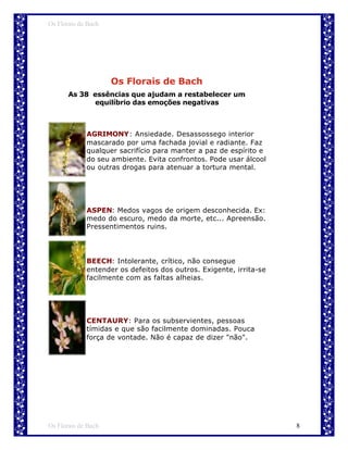 Os Florais de Bach




                     Os Florais de Bach
       As 38 essências que ajudam a restabelecer um
             equilíbrio das emoções negativas



             AGRIMONY: Ansiedade. Desassossego interior
             mascarado por uma fachada jovial e radiante. Faz
             qualquer sacrifício para manter a paz de espírito e
             do seu ambiente. Evita confrontos. Pode usar álcool
             ou outras drogas para atenuar a tortura mental.




             ASPEN: Medos vagos de origem desconhecida. Ex:
             medo do escuro, medo da morte, etc... Apreensão.
             Pressentimentos ruins.




             BEECH: Intolerante, crítico, não consegue
             entender os defeitos dos outros. Exigente, irrita-se
             facilmente com as faltas alheias.




             CENTAURY: Para os subservientes, pessoas
             tímidas e que são facilmente dominadas. Pouca
             força de vontade. Não é capaz de dizer "não".




Os Florais de Bach                                                  8
 