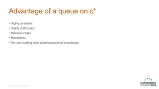 © DataStax, All Rights Reserved.
Advantage of a queue on c*
• Highly available
• Highly distributed
• Massive intake
• Masterless
• Re-use existing data store/operational knowledge
4
 