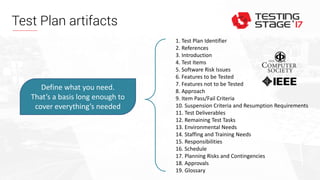 Test Plan artifacts
1. Test Plan Identifier
2. References
3. Introduction
4. Test Items
5. Software Risk Issues
6. Features to be Tested
7. Features not to be Tested
8. Approach
9. Item Pass/Fail Criteria
10. Suspension Criteria and Resumption Requirements
11. Test Deliverables
12. Remaining Test Tasks
13. Environmental Needs
14. Staffing and Training Needs
15. Responsibilities
16. Schedule
17. Planning Risks and Contingencies
18. Approvals
19. Glossary
Define what you need.
That’s a basis long enough to
cover everything’s needed
 