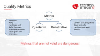 Quality Metrics
Metrics that are not valid are dangerous!
Metrics
Qualitative Quantitative
- Expensive
- Risky
- Hard to do well
- Suffer from own
qualitative problems
- Could give a false
impression
- Can’t be used everywhere
- Could be invalid
- Hard to choose valid
metrics
 