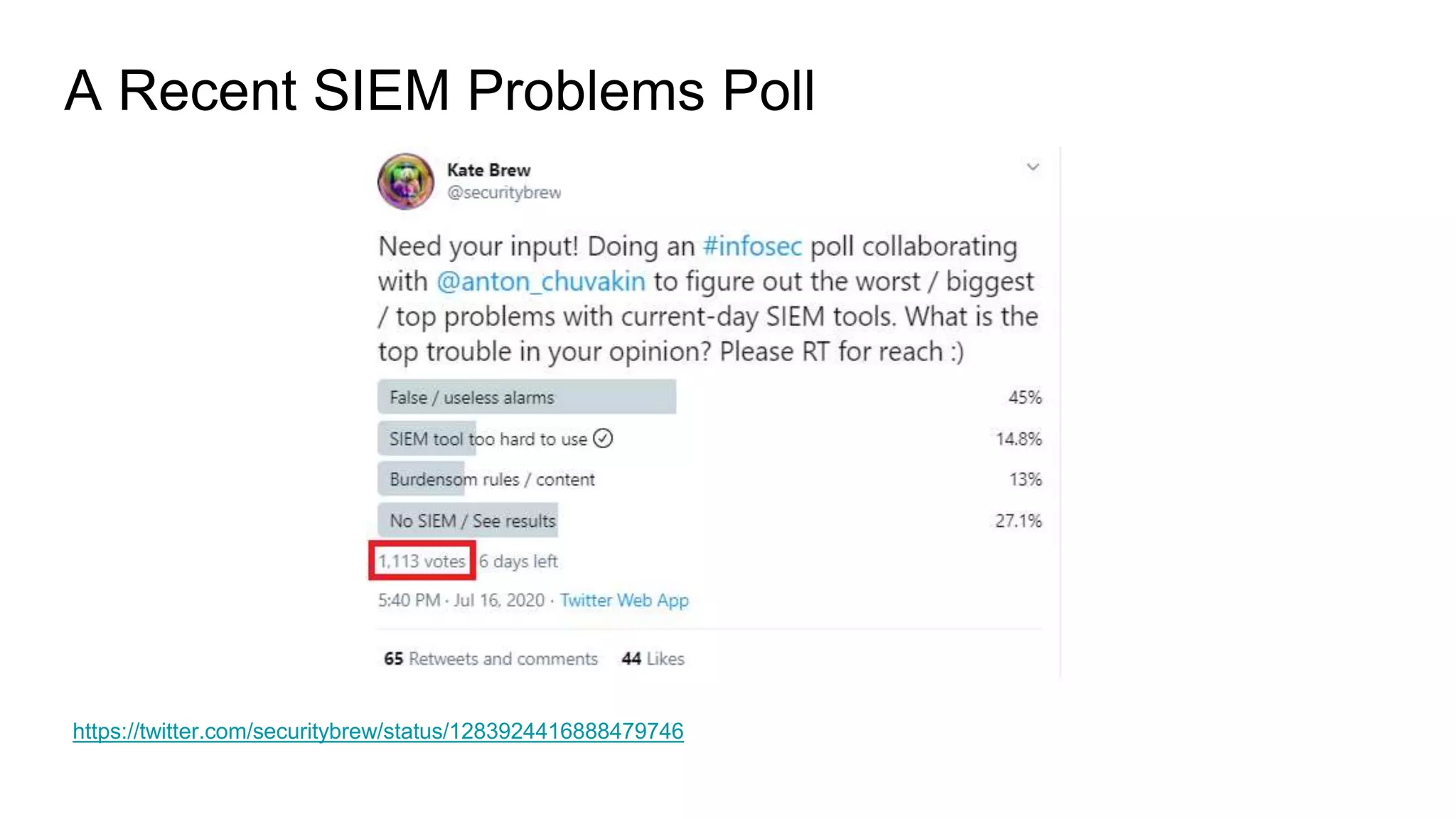 A Recent SIEM Problems Poll
https://twitter.com/securitybrew/status/1283924416888479746