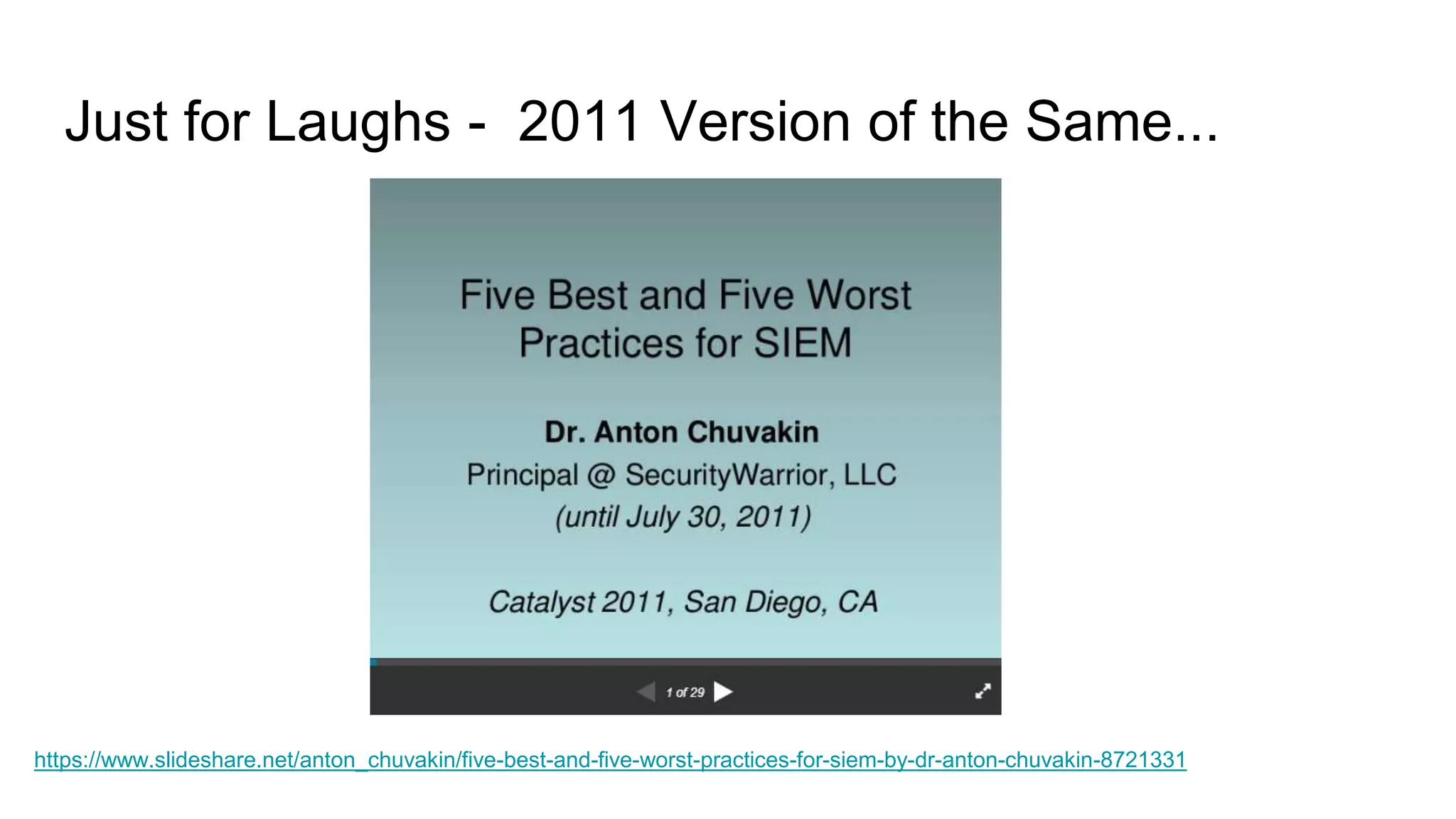Just for Laughs - 2011 Version of the Same...
https://www.slideshare.net/anton_chuvakin/five-best-and-five-worst-practices-for-siem-by-dr-anton-chuvakin-8721331