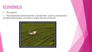 •ECONÓMICO
• País agrario.
• País devastado económicamente y socialmente como la consecuencia
de dominación zarista y los duros y largos años de revolución
 