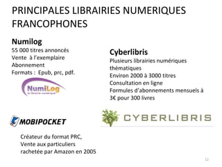 Numilog 55 000 titres annoncés Vente  à l’exemplaire Abonnement  Formats :  Epub, prc, pdf. Cyberlibris  Plusieurs librairies numériques thématiques  Environ 2000 à 3000 titres  Consultation en ligne Formules d’abonnements mensuels à 3€ pour 300 livres  Créateur du format PRC,  Vente aux particuliers rachetée par Amazon en 2005 PRINCIPALES LIBRAIRIES NUMERIQUES FRANCOPHONES 