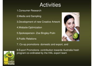 Activities
1.Consumer Research

2.Media and Sampling

3.Development of new Creative Artwork

4.Website Optimization

5.Spokesperson- Zoe Bingley-Pulin

6.Public Relations

7. Co-op promotions- domestic and export, and

8.Export Promotions- contribution towards Australia fresh
program co-ordinated by the HAL export team
 