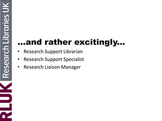 ...and rather excitingly...
• Research Support Librarian
• Research Support Specialist
• Research Liaison Manager
 