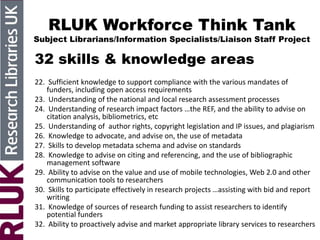 RLUK Workforce Think Tank
Subject Librarians/Information Specialists/Liaison Staff Project
32 skills & knowledge areas
22. Sufficient knowledge to support compliance with the various mandates of
funders, including open access requirements
23. Understanding of the national and local research assessment processes
24. Understanding of research impact factors …the REF, and the ability to advise on
citation analysis, bibliometrics, etc
25. Understanding of author rights, copyright legislation and IP issues, and plagiarism
26. Knowledge to advocate, and advise on, the use of metadata
27. Skills to develop metadata schema and advise on standards
28. Knowledge to advise on citing and referencing, and the use of bibliographic
management software
29. Ability to advise on the value and use of mobile technologies, Web 2.0 and other
communication tools to researchers
30. Skills to participate effectively in research projects …assisting with bid and report
writing
31. Knowledge of sources of research funding to assist researchers to identify
potential funders
32. Ability to proactively advise and market appropriate library services to researchers
 