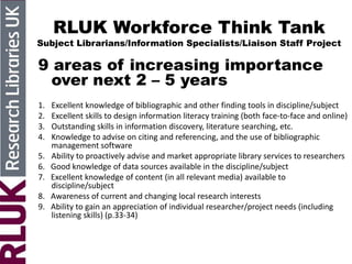 RLUK Workforce Think Tank
Subject Librarians/Information Specialists/Liaison Staff Project
9 areas of increasing importance
over next 2 – 5 years
1. Excellent knowledge of bibliographic and other finding tools in discipline/subject
2. Excellent skills to design information literacy training (both face-to-face and online)
3. Outstanding skills in information discovery, literature searching, etc.
4. Knowledge to advise on citing and referencing, and the use of bibliographic
management software
5. Ability to proactively advise and market appropriate library services to researchers
6. Good knowledge of data sources available in the discipline/subject
7. Excellent knowledge of content (in all relevant media) available to
discipline/subject
8. Awareness of current and changing local research interests
9. Ability to gain an appreciation of individual researcher/project needs (including
listening skills) (p.33-34)
 