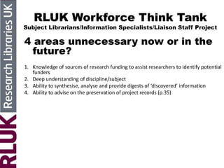 RLUK Workforce Think Tank
Subject Librarians/Information Specialists/Liaison Staff Project
4 areas unnecessary now or in the
future?
1. Knowledge of sources of research funding to assist researchers to identify potential
funders
2. Deep understanding of discipline/subject
3. Ability to synthesise, analyse and provide digests of ‘discovered’ information
4. Ability to advise on the preservation of project records (p.35)
 