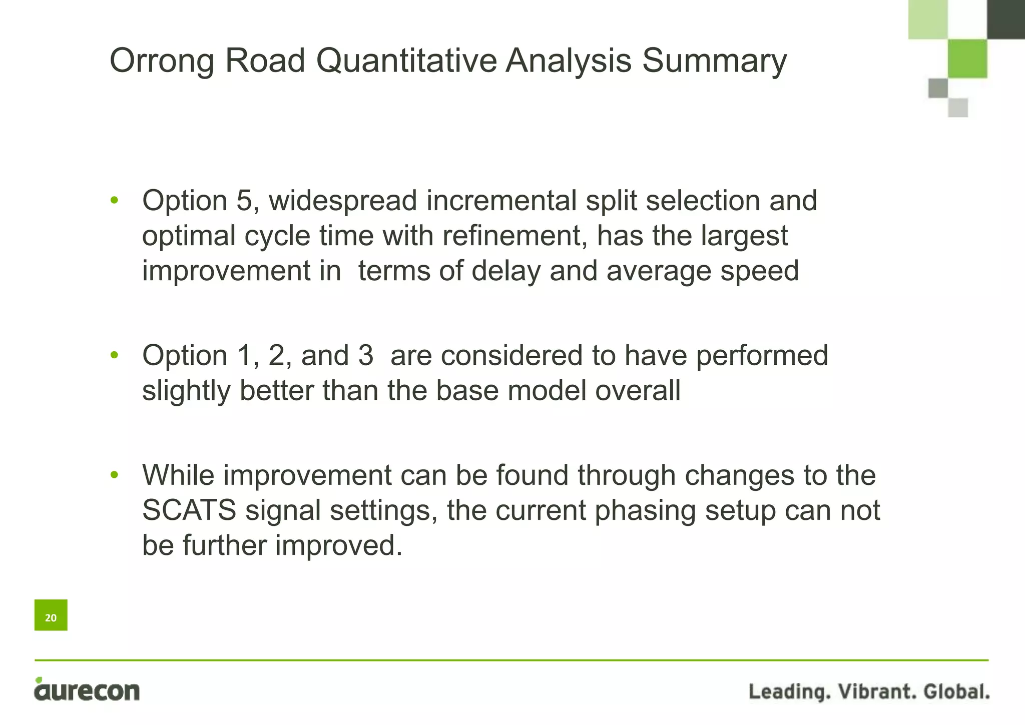 20
• Option 5, widespread incremental split selection and
optimal cycle time with refinement, has the largest
improvement in terms of delay and average speed
• Option 1, 2, and 3 are considered to have performed
slightly better than the base model overall
• While improvement can be found through changes to the
SCATS signal settings, the current phasing setup can not
be further improved.
Orrong Road Quantitative Analysis Summary
 