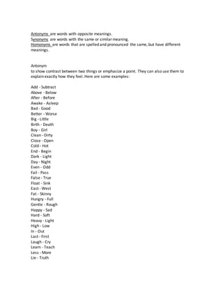 Homonyms, Synonyms, Antonyms List in English - English Grammar