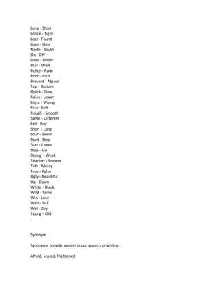 Antonyms Synonyms Homonyms