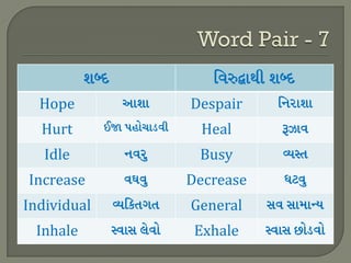 Hope Despair
Hurt Heal
Idle Busy
Increase Decrease
Individual General
Inhale Exhale
 