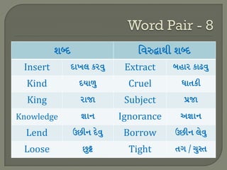 Insert Extract
Kind Cruel
King Subject
Knowledge Ignorance
Lend Borrow
Loose Tight
 