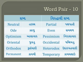 Neutral Partial
Ode Even
Optimism Pessimism
Oriental Occidental
Orthodox Heterodox
Permanent Temporary
 