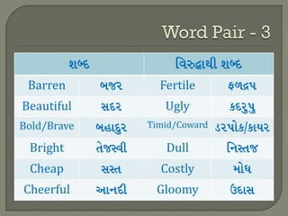 Barren Fertile
Beautiful Ugly
Bold/Brave Timid/Coward
Bright Dull
Cheap Costly
Cheerful Gloomy
 