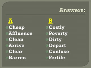 A
Cheap
Affluence
Clean
Arrive
Clear
Barren
B
Costly
Poverty
Dirty
Depart
Confuse
Fertile
 