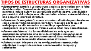 TIPOS DE ESTRUCTURAS ORGANIZATIVAS
Estructura simple : La estructura simple se caracteriza por la falta
de elaboración. Generalmente dispone de una tecno estructura
mínima o incluso nula y de un reducido staff de apoyo, una división
poco estricta del trabajo, una diferenciación mínima entre unidades y
una pequeña jerarquía directiva.
Burocracia maquinal : es una estructura diseñada para funcionar
como una perfecta máquina integrada y regulada por lo que el
trabajo que en ella se realiza es sencillo y repetitivo y por
consiguiente los procesos de trabajo van a estar muy normalizados.
Forma divisional : La forma divisional es, más que una
organización integrada, una serie de entidades semiautónomas
acopladas mediante una estructura central. Estas entidades son
unidades de la línea media denominadas divisiones
Adhocracia : Ninguna de las configuraciones estructurales
estudiadas es capaz de realizar una innovación compleja y
sofisticada.
 
