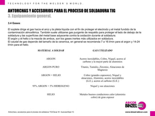 T E C H N O L O G Y F O R T H E W E L D E R ´ S W O R L D . 
ANTORCHAS Y ACCESORIOS PARA EL PROCESO DE SOLDADURA TIG 
3. Equipamiento general. 
3.4 Gases: 
El soplete dirige el gas hacia el arco y la pileta líquida con el fin de proteger el electrodo y el metal fundido de la 
contaminación atmosférica. También suele utilizarse gas purgante de respaldo para proteger el lado de debajo de la 
soldadura y las superficies del metal base adyacente contra la oxidación durante al soldadura. 
El argón y el helio o la mezcla de ambos, son los gases inertes más utilizados en soldadura. 
El caudal de gas depende del tamaño de la ceramica, en general se recomienda 7 a 16 l/min para el argon y 14-24 
l/min para el helio. 
MATERIAL A SOLDAR GAS UTILIZADO 
ARGON Aceros inoxidables, Cobre, Niquel, aceros al 
carbono y la mayor parte de aluminios 
ARGON PURO Titanio, Tantalio, Zirconio, Aleaciones de 
Magnesio 
ARGON + HELIO Cobre (grandes espesores), Niquel y 
aleaciones, Aluminio, aceros inoxidables 
(G.E.), aceros al carbono (G.E.) 
95% ARGON + 5% HIDROGENO Niquel y sus aleaciones 
HELIO Metales buenos conductores calor (aluminio 
cobre) de gran espesor 
www.Antorchas y accesorios para el proceso de soldadura TIG/Oscar W. Guevara/Sept-10 binzel-abicor.com 
 