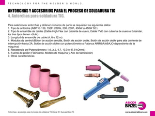 T E C H N O L O G Y F O R T H E W E L D E R ´ S W O R L D . 
ANTORCHAS Y ACCESORIOS PARA EL PROCESO DE SOLDADURA TIG 
4. Antorchas para soldadura TIG. 
Para seleccionar antorchas y obtener números de parte se requieren los siguientes datos: 
1. Tipo de antorcha (ABITIG 150, 150F, 260W, 200, 200F, 450W o 450W SC) 
2. Tipo de ensamble de cables (Cable High Flex con cubierta de cuero, Cable PVC con cubierta de cuero o Estándar, 
los tres tipos tienen rótula) 
3. Longitud de ensamble de cable (4, 8 o 12 m) 
4. Módulos de control (Botón de acción sencilla, Botón de acción doble, Botón de acción doble para alta corriente de 
interrupción-hasta 2A, Botón de acción doble con potenciómetro o Palanca ARRIBA/ABAJO-dependiente de la 
máquina) 
5. Resistencia del Potenciómetro (1.0, 2.2, 4.7, 10.0 o 47.0 kOhms) 
6. Fuente de poder (Fabricante, Modelo de máquina y Año de fabricación) 
7. Otras características 
www.Antorchas y accesorios para el proceso de soldadura TIG/Oscar W. Guevara/Sept-10 binzel-abicor.com 
 