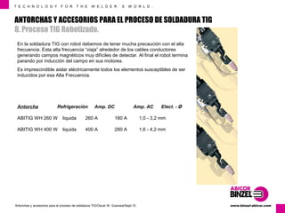 T E C H N O L O G Y F O R T H E W E L D E R ´ S W O R L D . 
ANTORCHAS Y ACCESORIOS PARA EL PROCESO DE SOLDADURA TIG 
8. Proceso TIG Robotizado. 
En la soldadura TIG con robot debemos de tener mucha precaución con el alta 
frecuencia. Esta alta frecuencia “viaja” alrededor de los cables conductores 
generando campos magnéticos muy difíciles de detectar. Al final el robot termina 
parando por inducción del campo en sus motores. 
Es imprescindible aislar eléctricamente todos los elementos susceptibles de ser 
inducidos por esa Alta Frecuencia. 
Antorcha Refrigeración Amp. DC Amp. AC Elect. - Ø 
ABITIG WH 260 W liquida 260 A 180 A 1,0 - 3,2 mm 
ABITIG WH 400 W liquida 400 A 280 A 1,6 - 4,2 mm 
www.Antorchas y accesorios para el proceso de soldadura TIG/Oscar W. Guevara/Sept-10 binzel-abicor.com 
 
