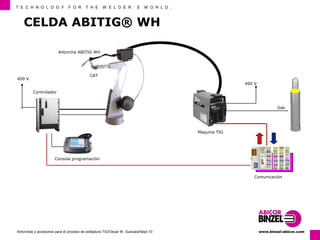 T E C H N O L O G Y F O R T H E W E L D E R ´ S W O R L D . 
Gas 
400 V 
Comunicación 
CELDA ABITIG® WH 
Antorcha ABITIG WH 
CAT 
Maquina TIG 
Controlador 
Consola programación 
400 V 
www.Antorchas y accesorios para el proceso de soldadura TIG/Oscar W. Guevara/Sept-10 binzel-abicor.com 
 