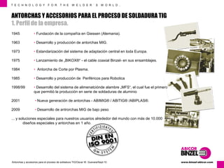 T E C H N O L O G Y F O R T H E W E L D E R ´ S W O R L D . 
ANTORCHAS Y ACCESORIOS PARA EL PROCESO DE SOLDADURA TIG 
1. Perfil de la empresa. 
1945 • Fundación de la compañía en Giessen (Alemania). 
1963 • Desarrollo y producción de antorchas MIG. 
1973 • Estandarización del sistema de adaptación central en toda Europa. 
1975 • Lanzamiento de „BIKOX®“ - el cable coaxial Binzel- en sus ensamblajes. 
1984 • Antorcha de Corte por Plasma. 
1985 • Desarrollo y producción de Periféricos para Robotica 
1998/99 • Desarrollo del sistema de alimenatciónde alambre „MFS“, el cual fue el primero 
que permitió la producción en serie de soldaduras de aluminio 
2001 • Nueva generación de antorchas - ABIMIG® / ABITIG® /ABIPLAS®. 
2009 • Desarrollo de antrorchas MIG de bajo peso 
... y soluciones especiales para nuestros usuarios alrededor del mundo con más de 10.000 
diseños especiales y antorchas en 1 año. 
www.Antorchas y accesorios para el proceso de soldadura TIG/Oscar W. Guevara/Sept-10 binzel-abicor.com 
 