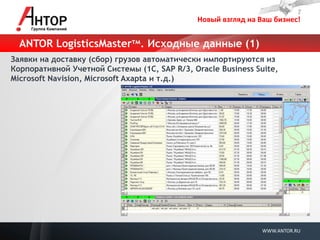 Новый взгляд на Ваш бизнес! 
WWW.ANTOR.RU 
ANTOR LogisticsMasterтм. Исходные данные (1) 
Заявки на доставку (сбор) грузов автоматически импортируются из Корпоративной Учетной Системы (1С, SAP R/3, Oracle Business Suite, Microsoft Navision, Microsoft Axapta и т.д.)  