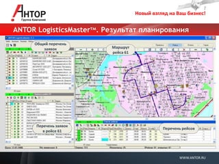 Новый взгляд на Ваш бизнес! 
WWW.ANTOR.RU 
ANTOR LogisticsMasterтм. Результат планирования 
Маршрут рейса 61 
Перечень заявок в рейсе 61 
Перечень рейсов 
Общий перечень заявок  