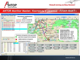 Новый взгляд на Ваш бизнес! 
WWW.ANTOR.RU 
ANTOR Monitor Master. Контроль в режиме «ПЛАН-ФАКТ» 
Фильтрация «проблемных» рейсов: 
Зеленый – более 2 опозданий 
Красный – более 3 опозданий 
Синий – более 5 опозданий 
Контроль посещения точек доставки: 
- доставка осуществлена вовремя 
- зафиксировано опоздание 
- непосещение клиента 
Статистика рейса: Пробег (план), км – 117,2 Пробег (факт), км – 149,7 Время (план), час – 9:47 Время (факт), час – 12:10 Количество опозданий – 7 Необслужено клиентов – 2  