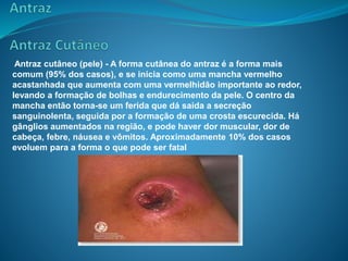 Antraz cutâneo (pele) - A forma cutânea do antraz é a forma mais
comum (95% dos casos), e se inicia como uma mancha vermelho
acastanhada que aumenta com uma vermelhidão importante ao redor,
levando a formação de bolhas e endurecimento da pele. O centro da
mancha então torna-se um ferida que dá saída a secreção
sanguinolenta, seguida por a formação de uma crosta escurecida. Há
gânglios aumentados na região, e pode haver dor muscular, dor de
cabeça, febre, náusea e vômitos. Aproximadamente 10% dos casos
evoluem para a forma o que pode ser fatal
 
