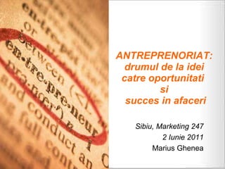 ANTREPRENORIAT: drumul de la idei catre oportunitati  si  succes in afaceri Sibiu, Marketing 247 2 Iunie 2011 Marius Ghenea 