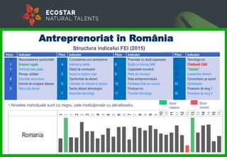 Pilon Indicator Pilon Indicator Pilon Indicator Pilon Indicator
1
1
1
2
2
3
3
Recunoasterea oportunitatii
Drepturi egale
Dimensiunea pietei
Percep. abilitati
Educatie secundara
Dorinta de incepere afacere
Riscul de afaceri
4
4
5
5
6
6
7
7
Cunoasterea unui antreprenor
Internet şi retele
Statut de conducere
Acces la ingrijire copii
Oportunitati de afaceri
Libertate de miscare si afaceri
Sector afaceri tehnologice
Absorbtie tehnologii
8
8
9
9
10
10
11
11
Proprietar cu studii superioare
Sprijin si training IMM
Capacitate inovativă
Piete de monopol
Rata antreprenoriatului
Paritatea fortei de munca
Produse noi
Transfer tehnologic
12
12
13
13
14
14
15
15
Tehnologii noi
Cheltuieli C&D
“Gazele”
Lesdership feminin
Concentrare pe export
Globalizare
Finantare de rang 1
Finantare de rang 3
*) Nivelele individuale sunt cu negru, cele instituţionale cu alb/albastru Scor
maxim
Scor
minim
Structura indicelui FEI (2015)
Antreprenoriat în România
 