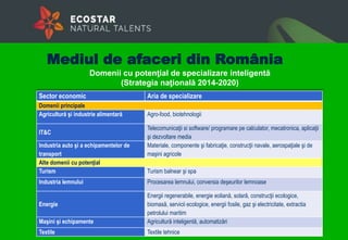 Sector economic Aria de specializare
Domenii principale
Agricultură şi industrie alimentară Agro-food, biotehnologii
IT&C
Telecomunicaţii si software/ programare pe calculator, mecatronica, aplicaţii
şi dezvoltare media
Industria auto şi a echipamentelor de
transport
Materiale, componente şi fabricaţie, construcţii navale, aerospaţiale şi de
maşini agricole
Alte domenii cu potenţial
Turism Turism balnear şi spa
Industria lemnului Procesarea lemnului, conversia deşeurilor lemnoase
Energie
Energii regenerabile, energie eoliană, solară, construcţii ecologice,
biomasă, servicii ecologice, energii fosile, gaz şi electricitate, extractia
petrolului maritim
Maşini şi echipamente Agricultură inteligentă, automatizări
Textile Textile tehnice
Domenii cu potenţial de specializare inteligentă
(Strategia naţională 2014-2020)
Mediul de afaceri din România
 