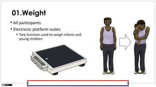 01.Weight
• All participants
• Electronic platform scales
 Tare function used to weigh infants and
young children
 