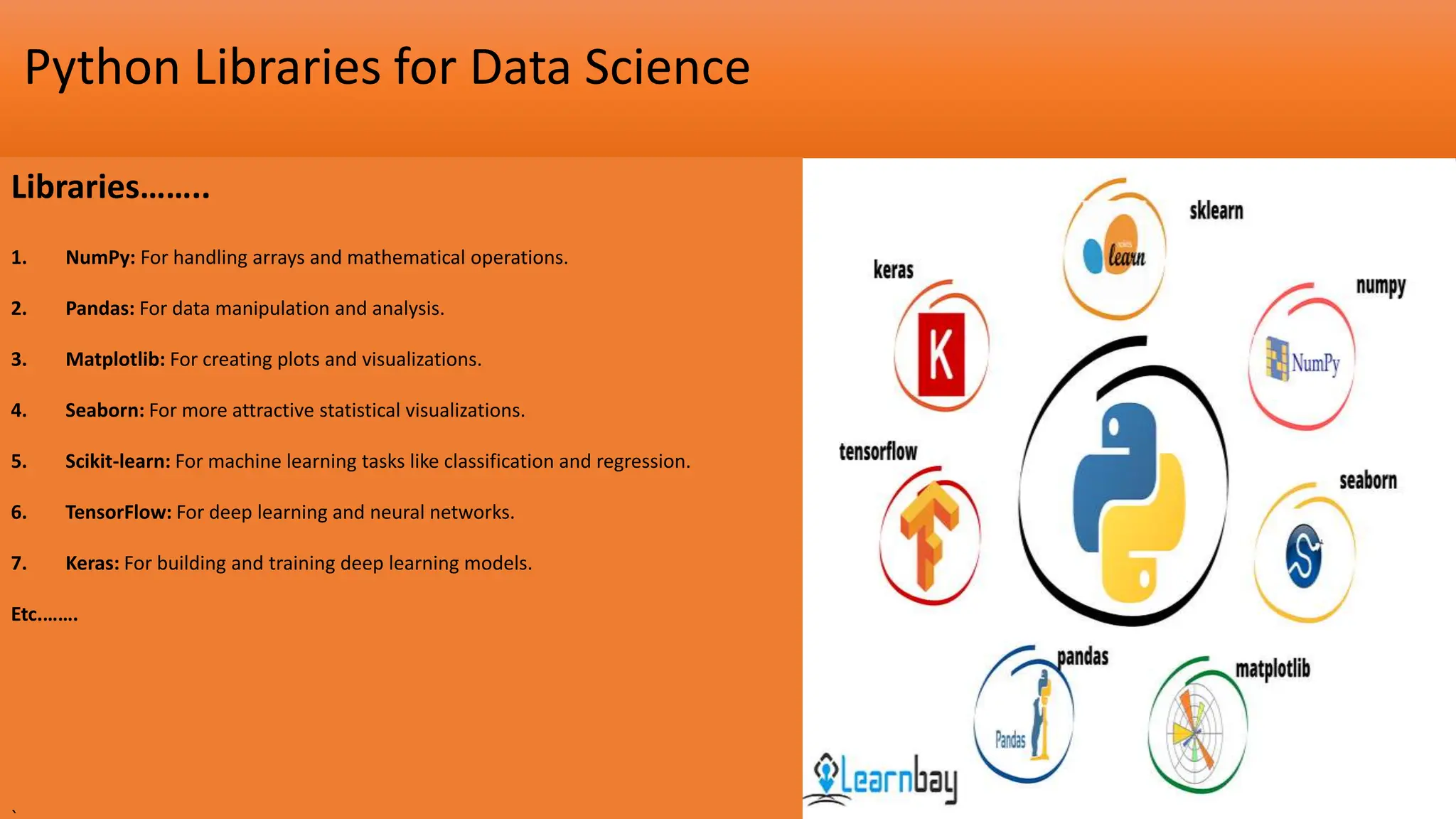 Python Libraries for Data Science
Libraries……..
1. NumPy: For handling arrays and mathematical operations.
2. Pandas: For data manipulation and analysis.
3. Matplotlib: For creating plots and visualizations.
4. Seaborn: For more attractive statistical visualizations.
5. Scikit-learn: For machine learning tasks like classification and regression.
6. TensorFlow: For deep learning and neural networks.
7. Keras: For building and training deep learning models.
Etc.…….
 