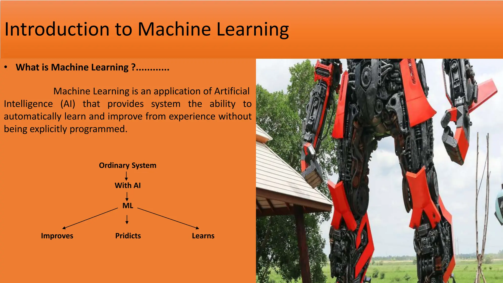 Introduction to Machine Learning
• What is Machine Learning ?............
Machine Learning is an application of Artificial
Intelligence (AI) that provides system the ability to
automatically learn and improve from experience without
being explicitly programmed.
Ordinary System
With AI
ML
Improves Pridicts Learns
 